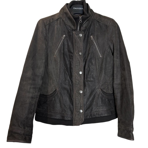 Danier Jackets & Blazers - Danier leather jacket size medium brown zippered bomber wool blend collar- READ